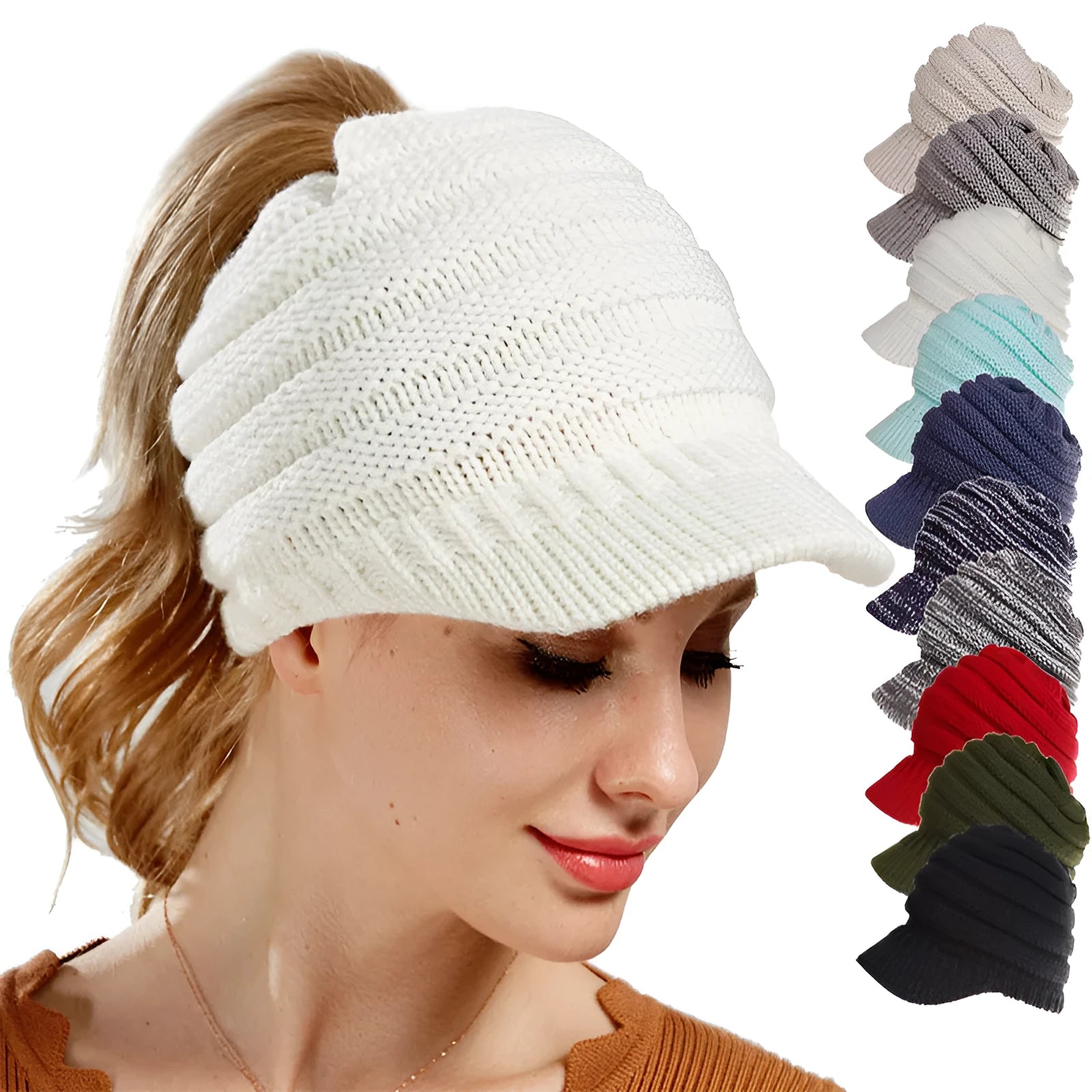 Women's grey knitted beanie with elastic opening at back for ponytail or bun hairstyle