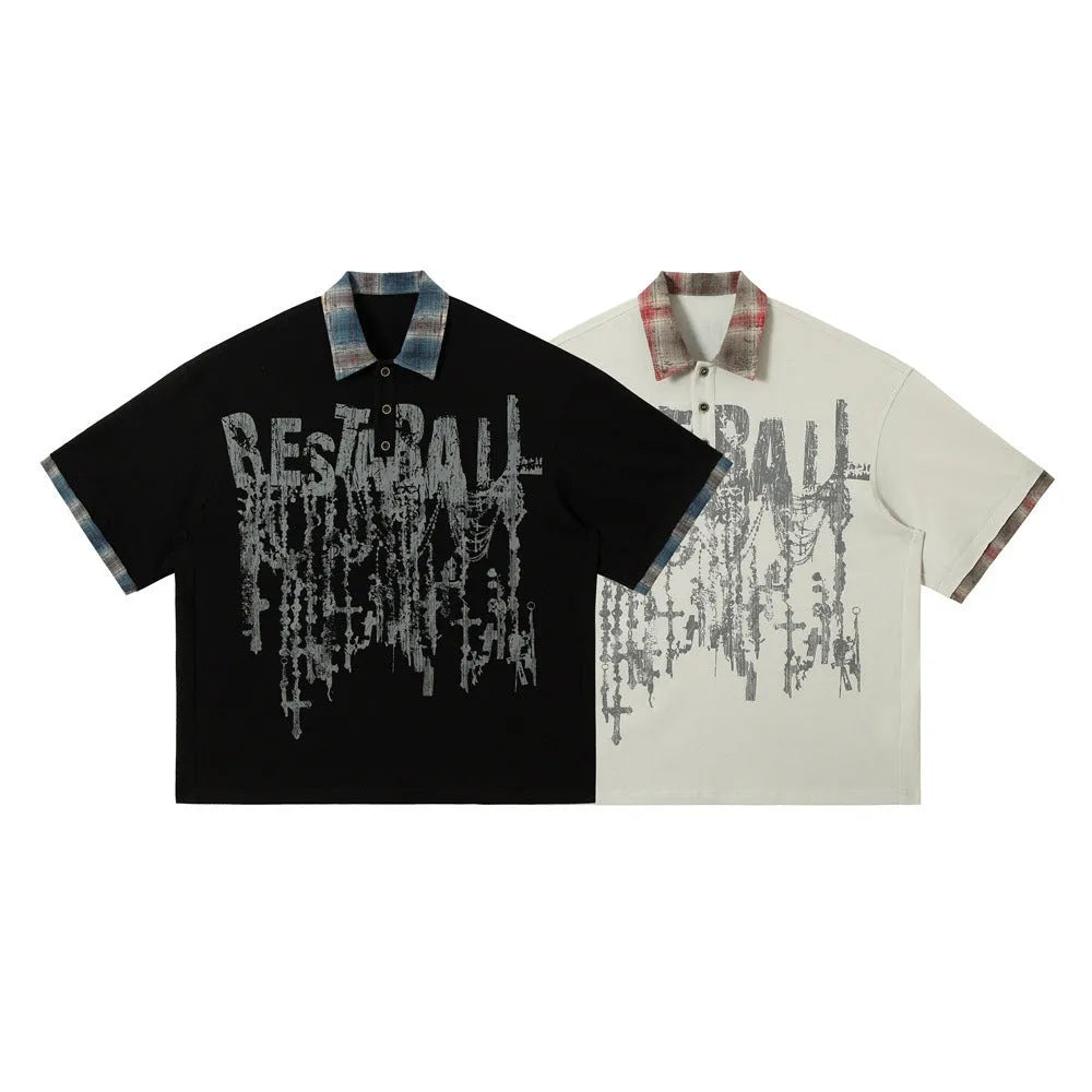 Men's loose fit cotton top with asymmetric design and graffiti printing in blue or red