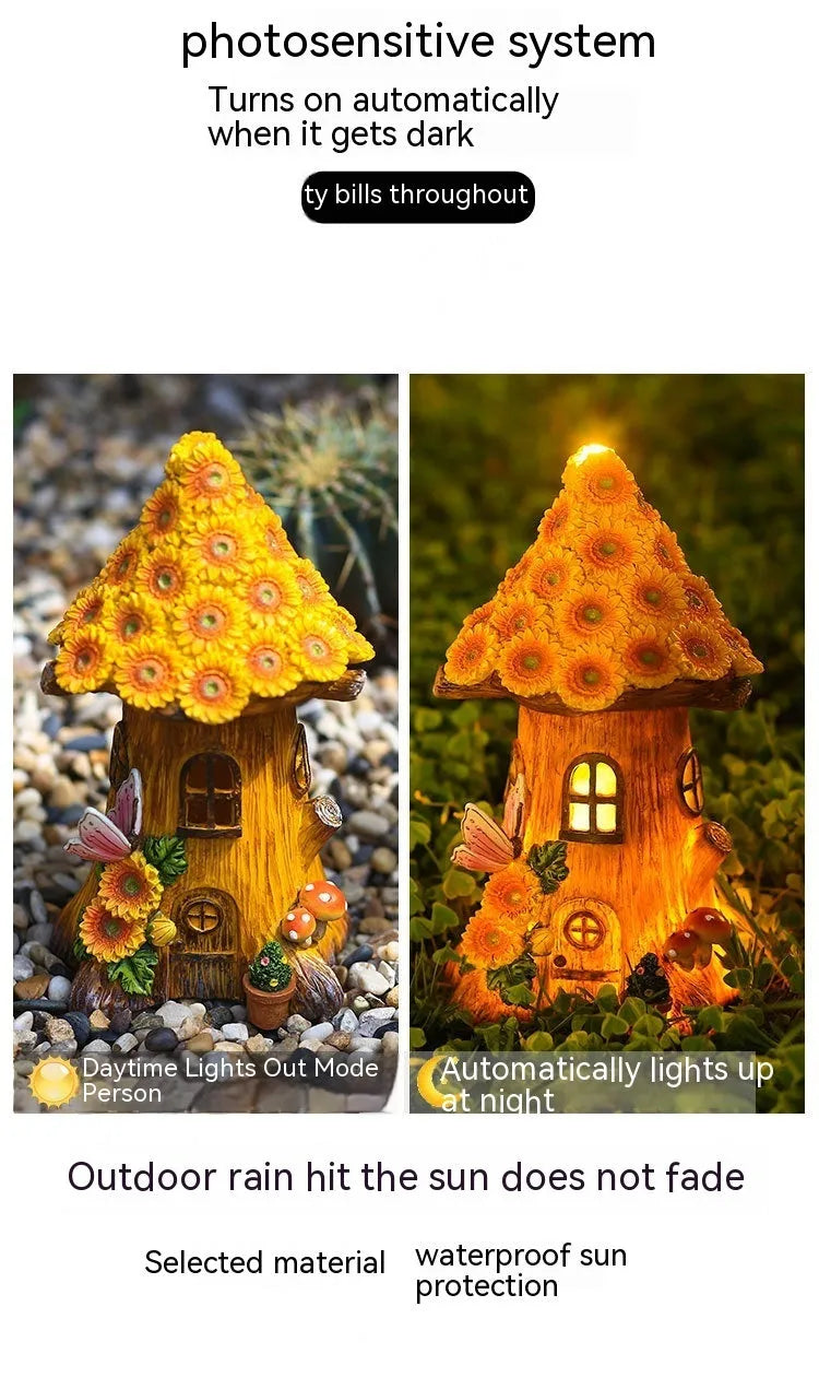 Resin solar lamp decoration tree house hand-painted cartoon pastoral style for outdoor garden lawn