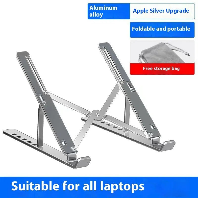 Silver aluminum folding laptop stand open on a desk with a laptop.