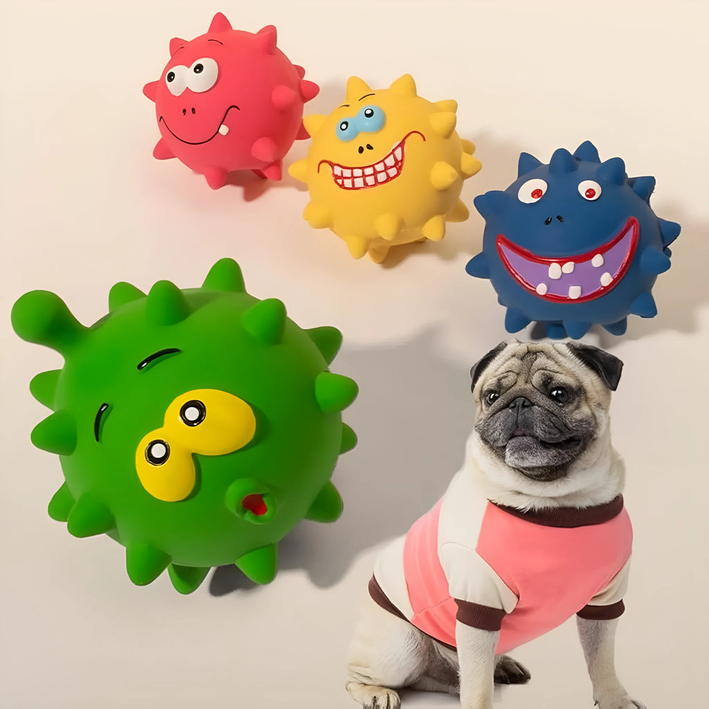 Four colourful latex squeaky dog balls with bumpy texture and cute faces for dental cleaning during play