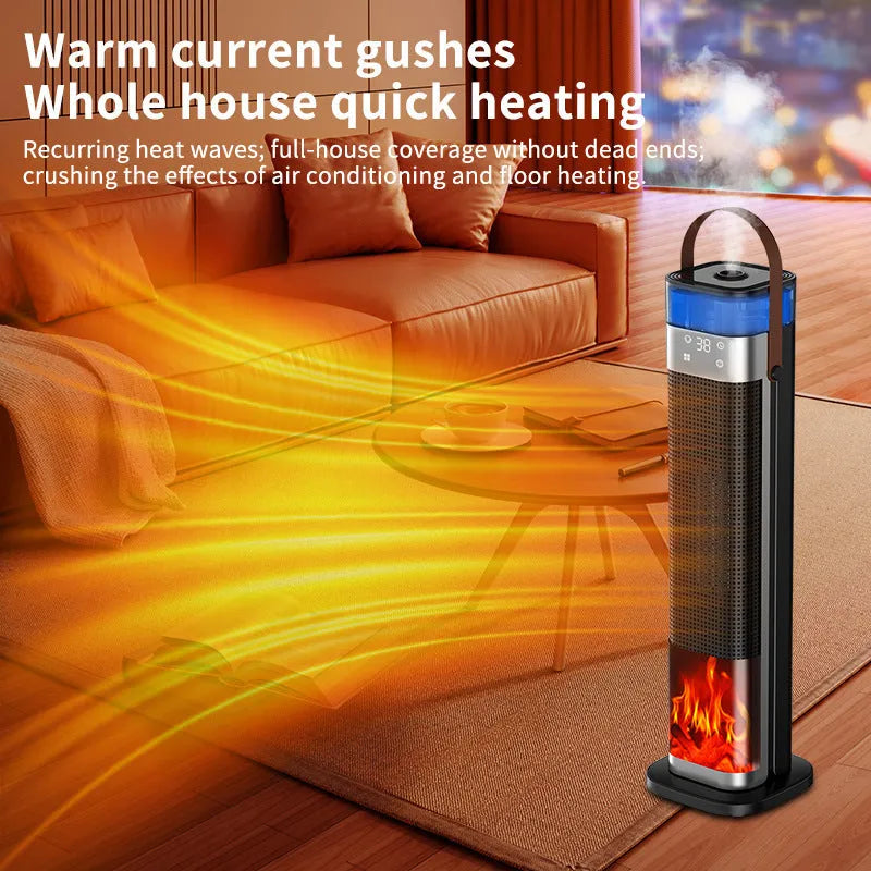 Tall, vertical PTC ceramic space heater with humidifier function and remote control.