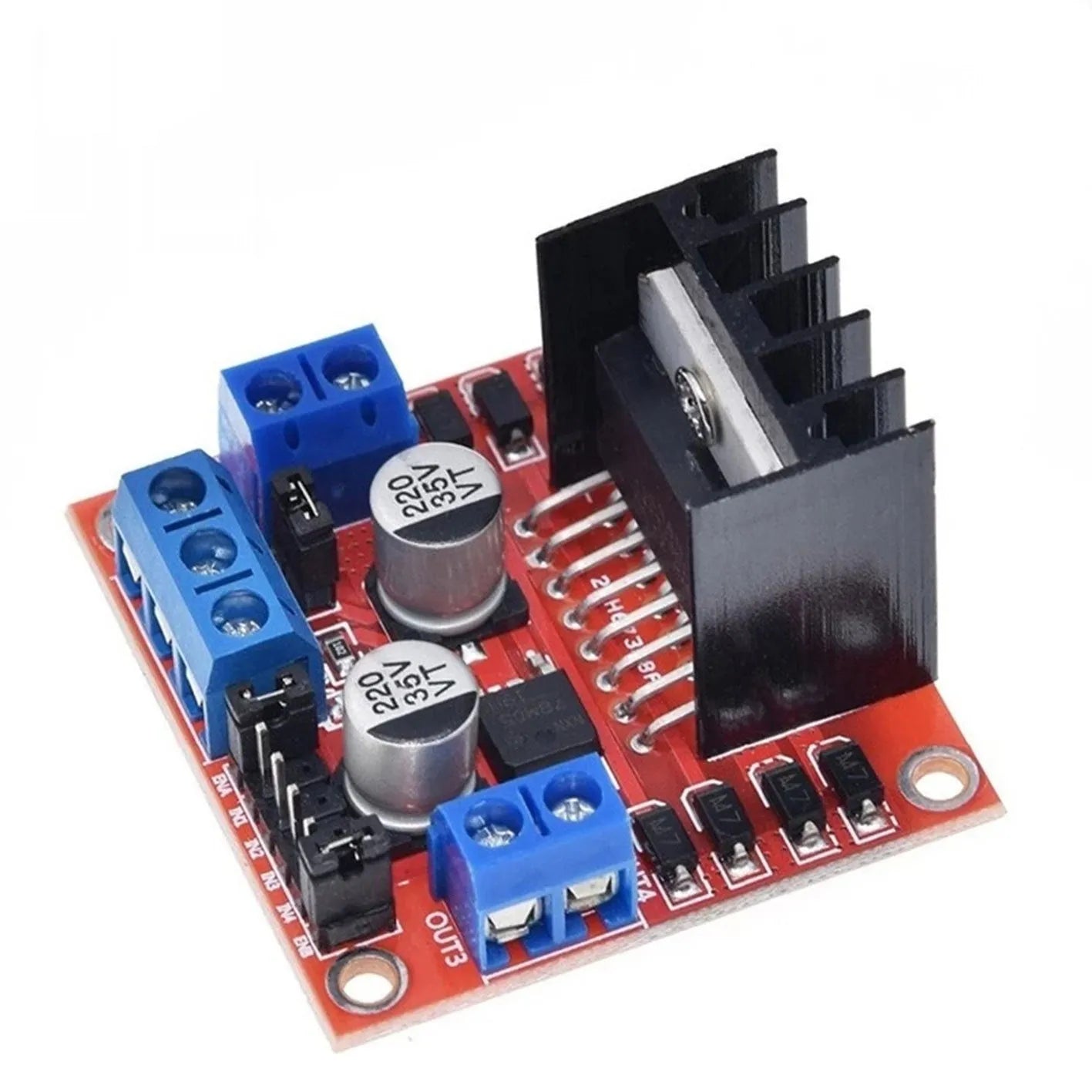 L298N motor driver board module with dual H-bridge circuitry for DC and stepper motor control