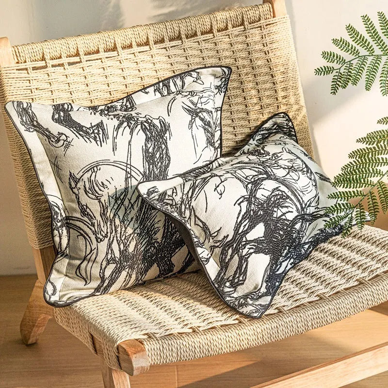 Abstract geometric golden horse design on a jacquard woven polyester cushion cover.