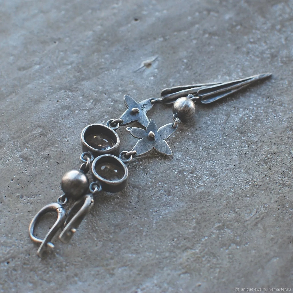 Geometric antique silver earrings with long rhinestone XINGX pendant drop design