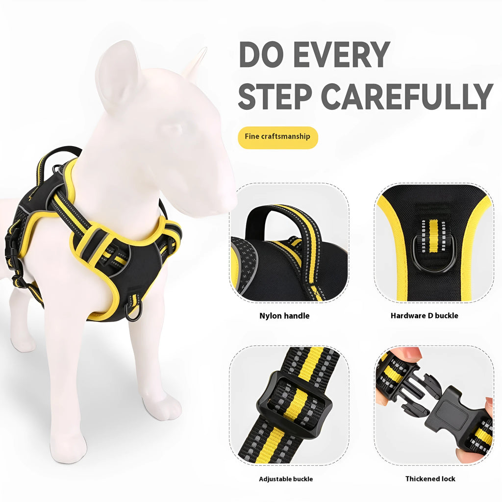 Yellow and orange polyester dog harness traction strap for outdoor pet control in three sizes