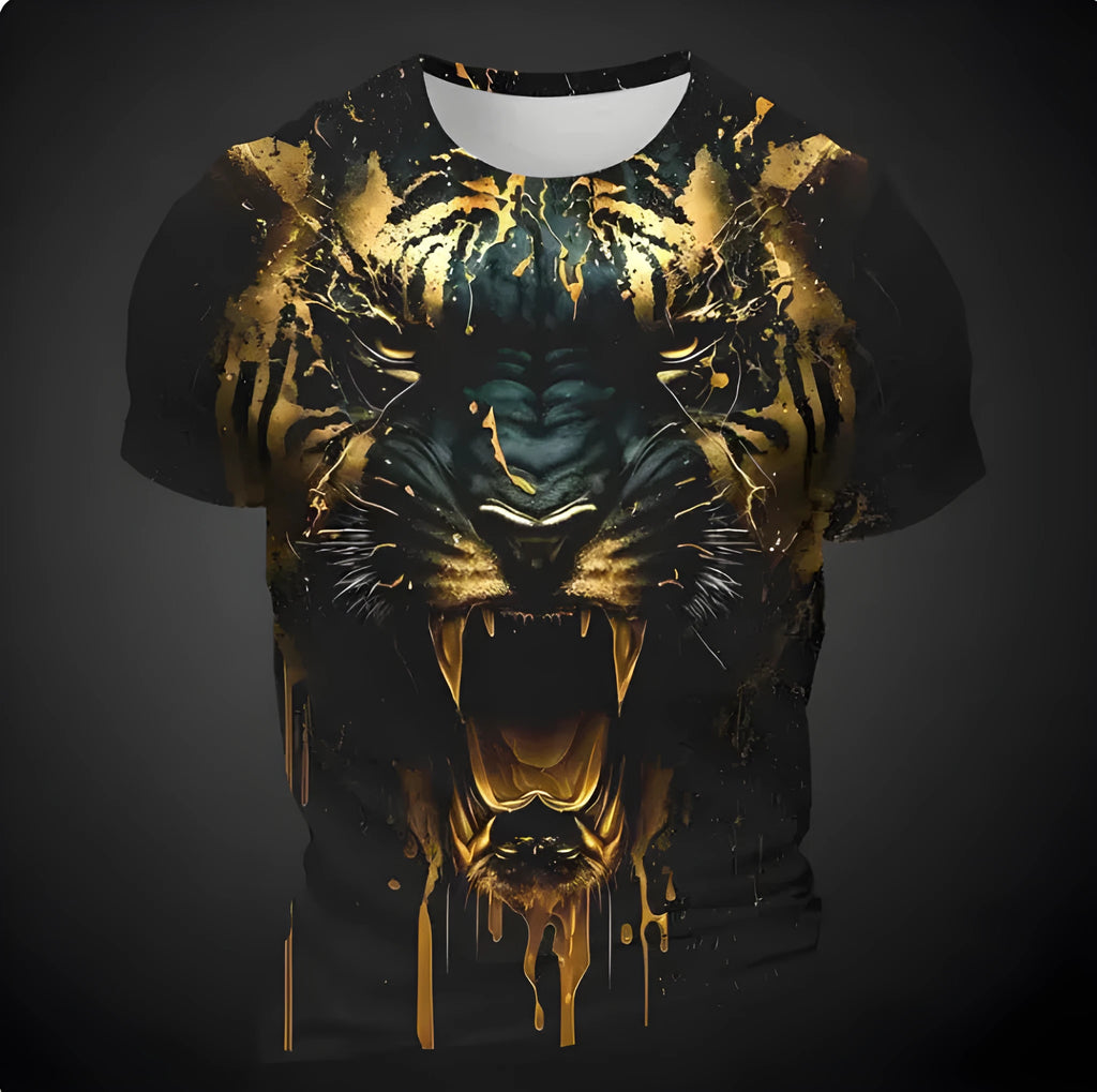 Men's grey T-shirt with a detailed 3D tiger head design printed on the chest.