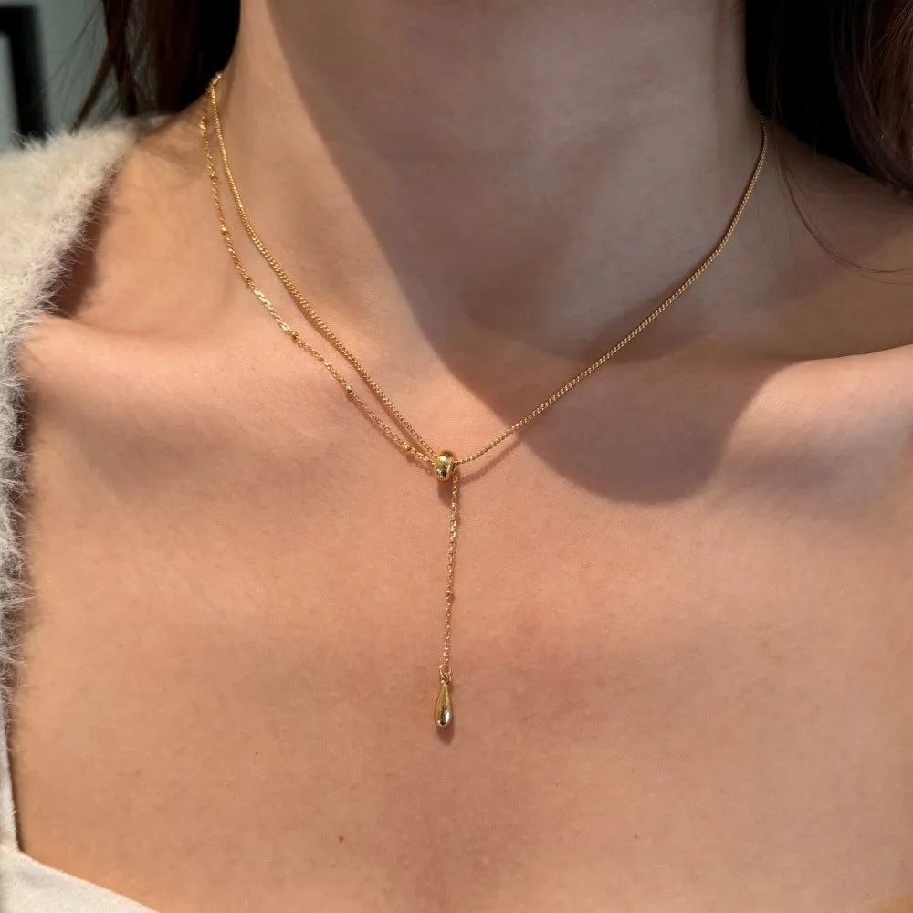 Gold 925 sterling silver double-layer clavicle chain necklace with water droplet motif