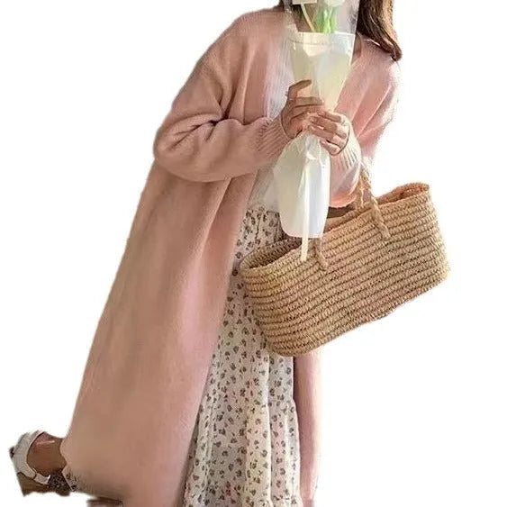 Women's mid-length knitted cardigan with V-neck design in khaki colour
