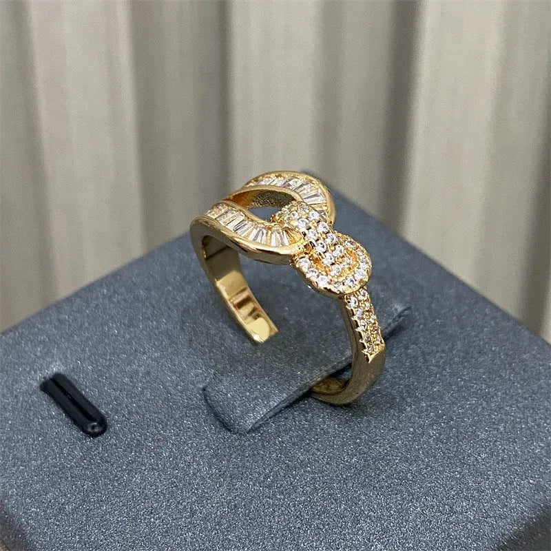 Copper open horseshoe ring for women in Champagne Gold electroplated finish, U-shaped geometric design on finger