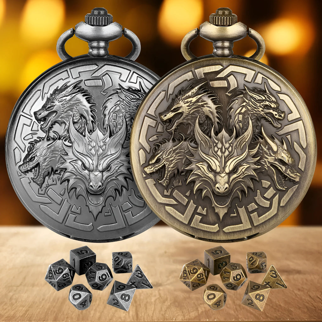 Steampunk pocket watch shaped dice set open revealing 7 polyhedral dice in zinc alloy bronze finish on dark background