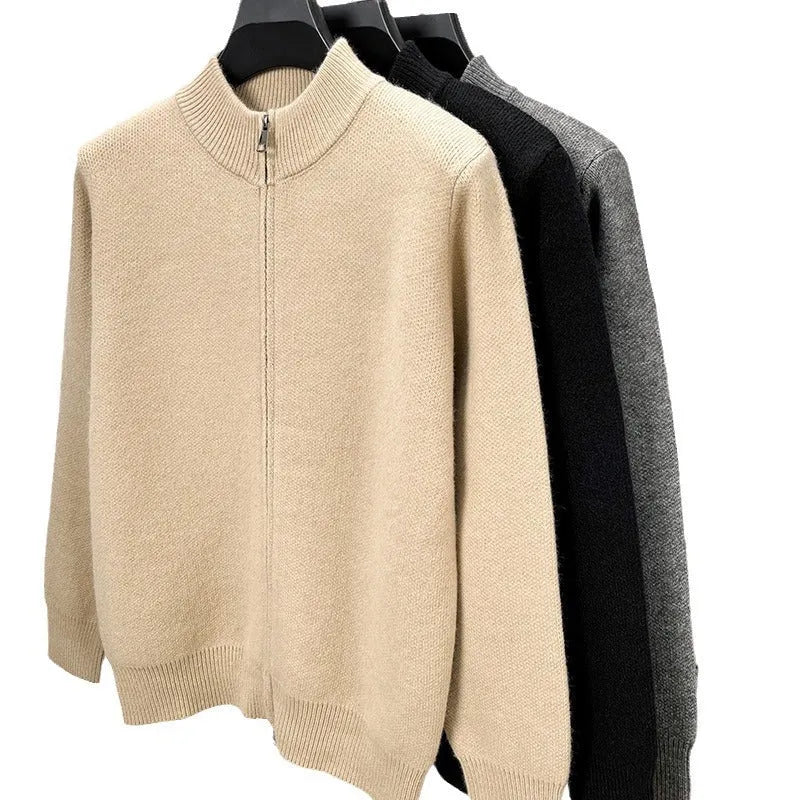 Men's loose-fit knitted cardigan with stand collar and front zipper in black, grey or beige
