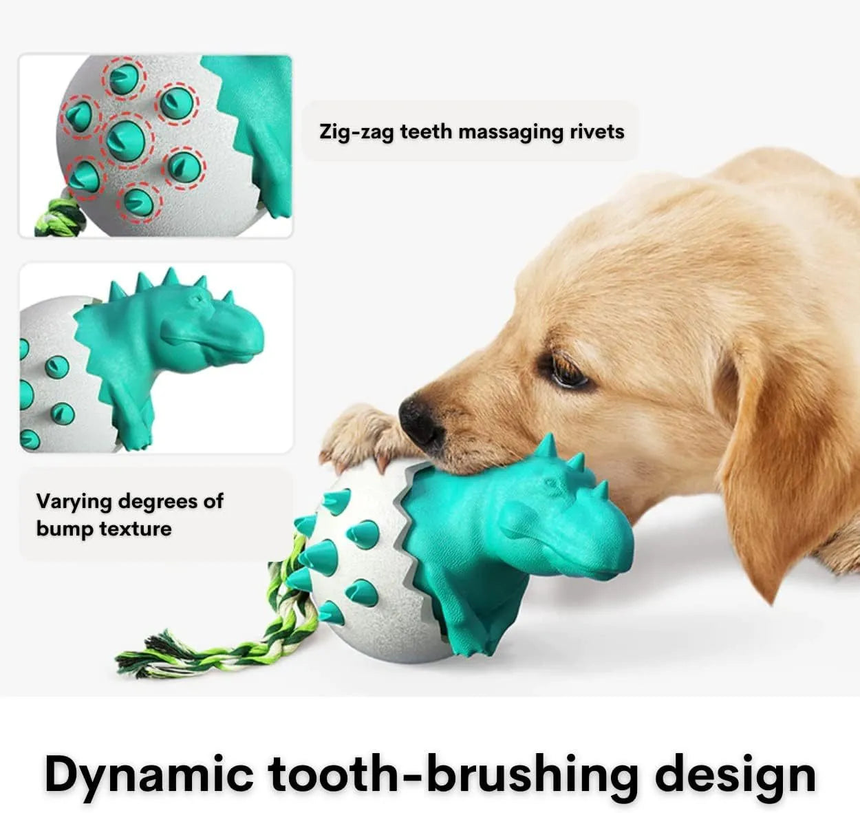 Blue dinosaur dog chew toy with rope attached, showing textured surface with dental nubs