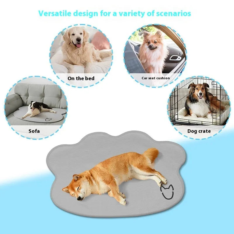 Ice silk dog cooling mat with dog head pattern in light grey on a wooden floor
