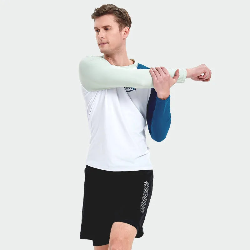 Men's white long-sleeved swimsuit top with colour-matched double-layer swimming trunks