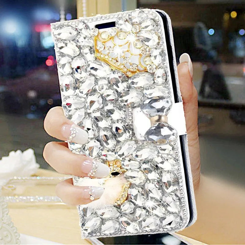 Handmade imitation leather phone case with all-inclusive rhinestone detailing in white gem wallet design
