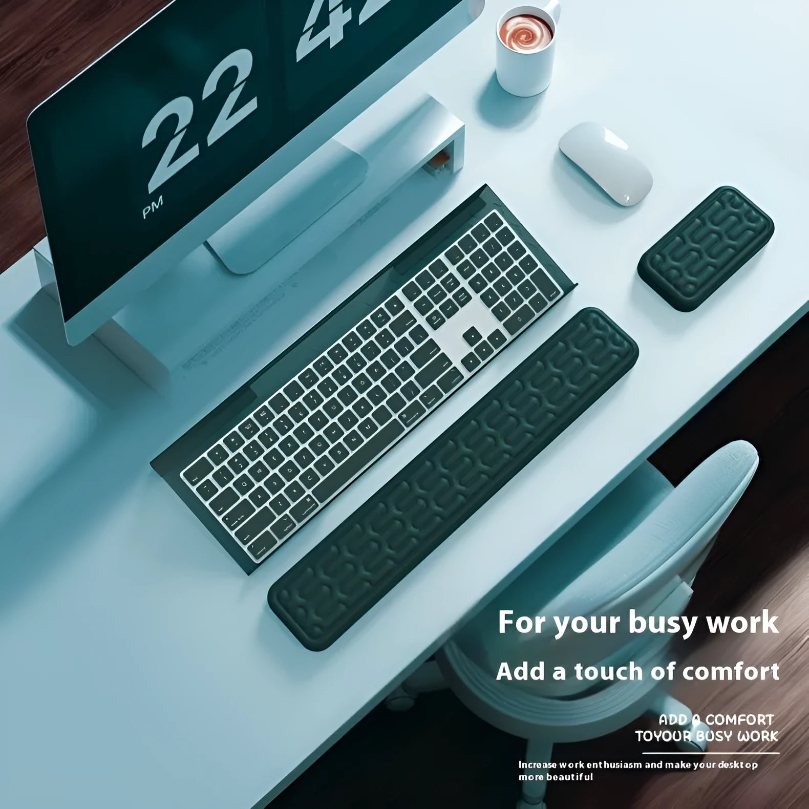 Double-sided keyboard and mouse pad with memory foam base, wrist support, and resin surface.