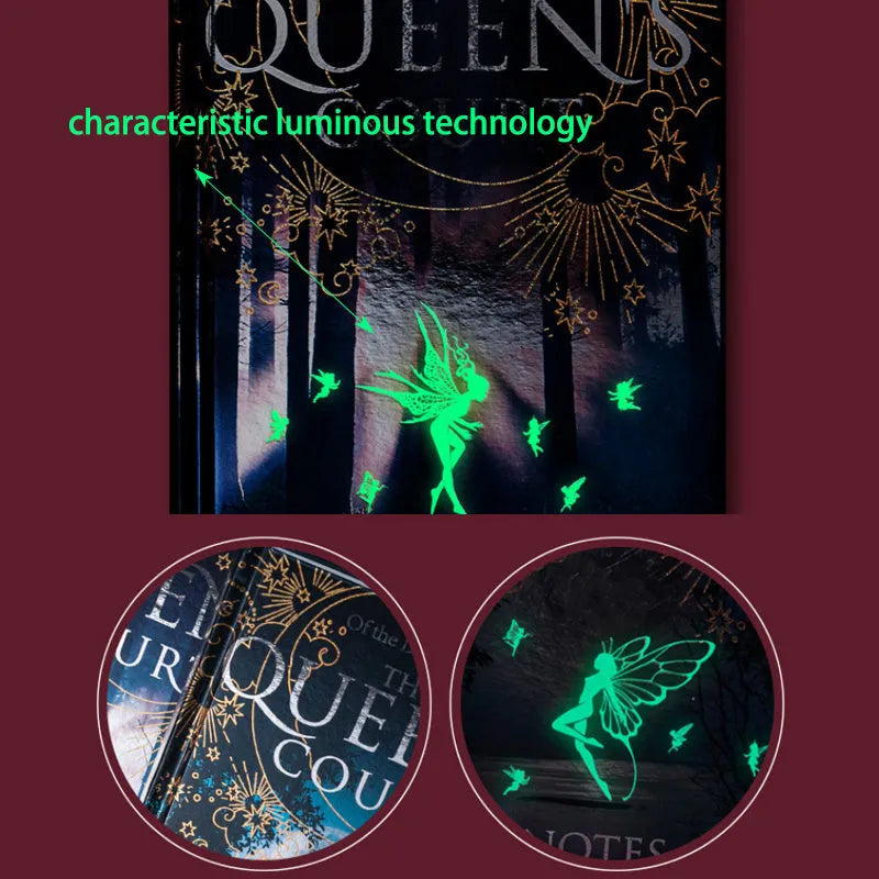 Blue luminous hardcover A5 notebook with retro Night Elves design, open to show full-colour illustrated pages.