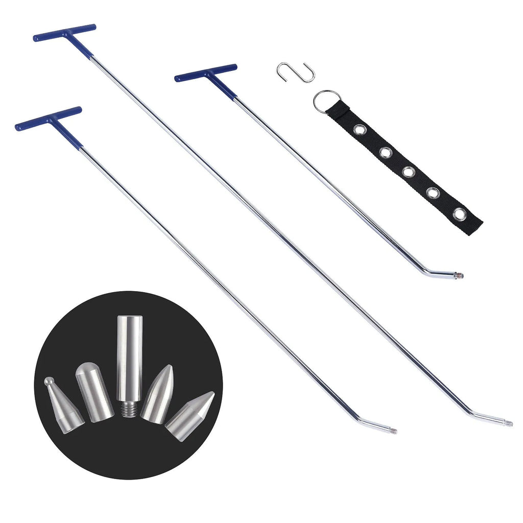 Three-piece car dent repair tool set with hook and crowbar designs for vehicle body maintenance