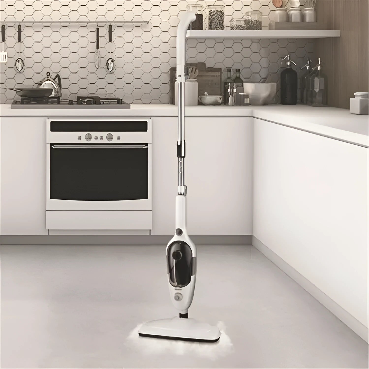 White steam mop with rectangular chassis, 1300W power, 10-in-1 cleaning accessories set, and carpet glider for hard floor cleaning