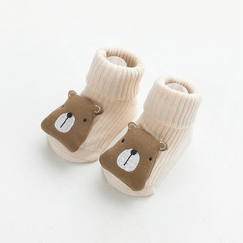 Baby non-slip socks with glue print sole in blue white bear colour, loose fit combed cotton middle tube