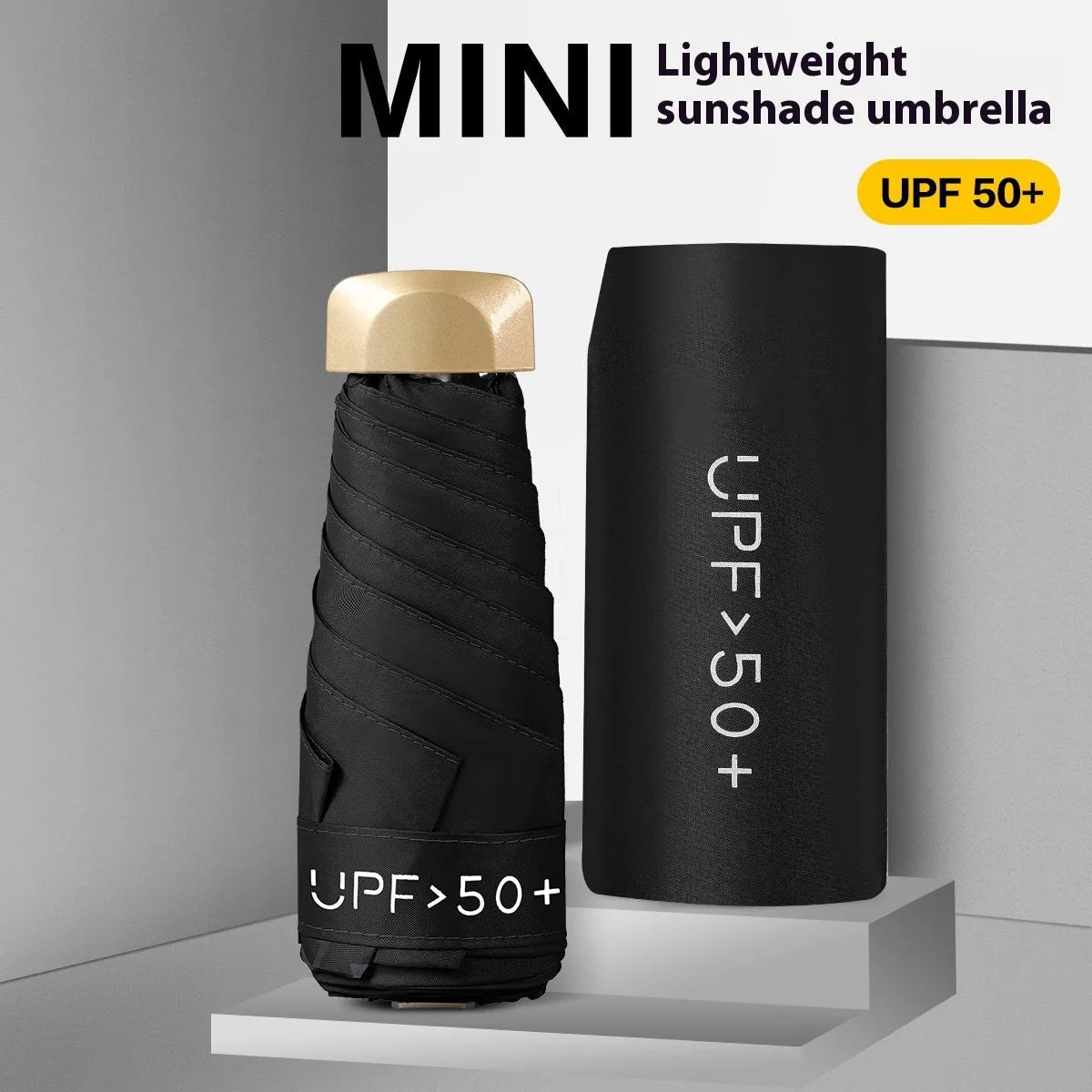 50 Off flat mini pocket sun umbrella folded compactly showing five-fold design and NC fabric canopy