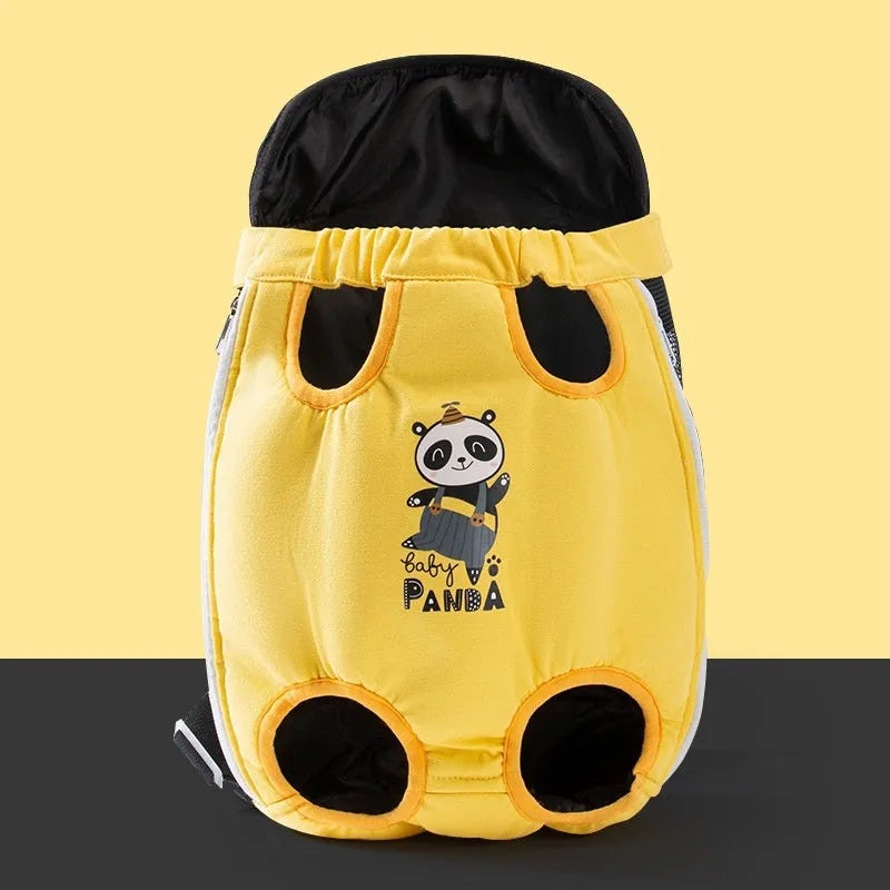 A cartoon-patterned canvas chest bag for pets with adjustable ribbon straps, shown in the Beka Yellow Bear design.