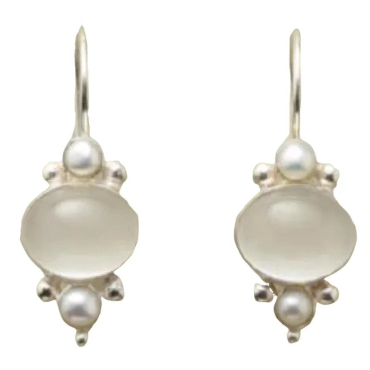 Silver round crystal eardrops with artificial pearl and geometric petal design on alloy base