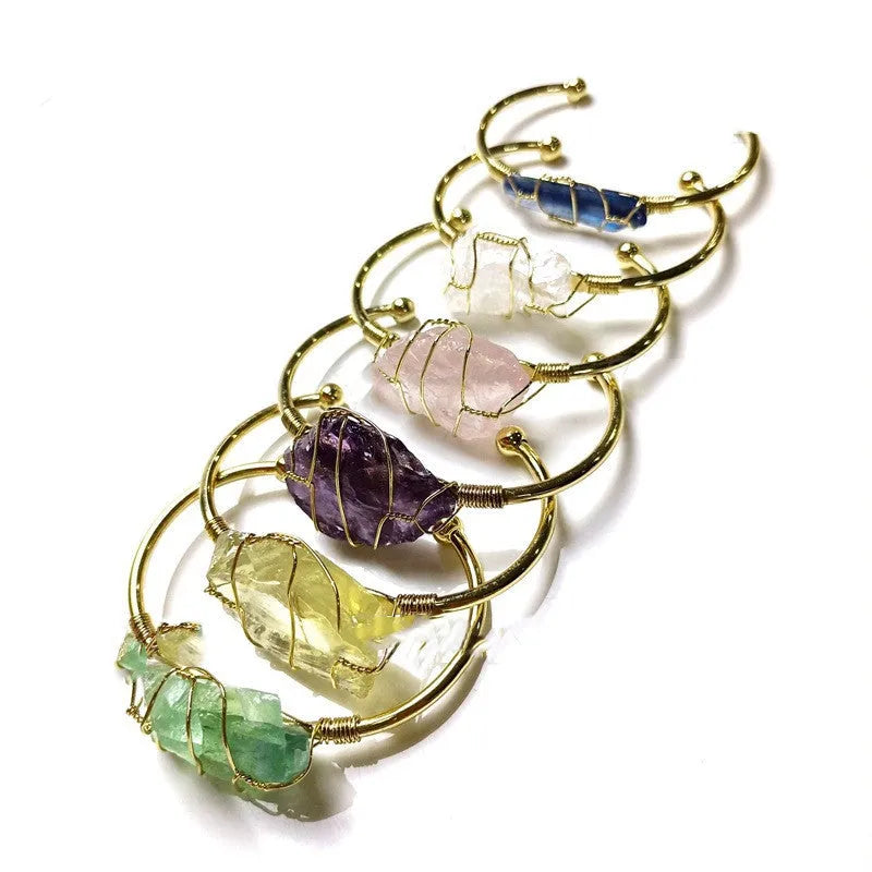 Natural crystal rough stone bracelet with gold winding geometric design in bohemian ethnic style
