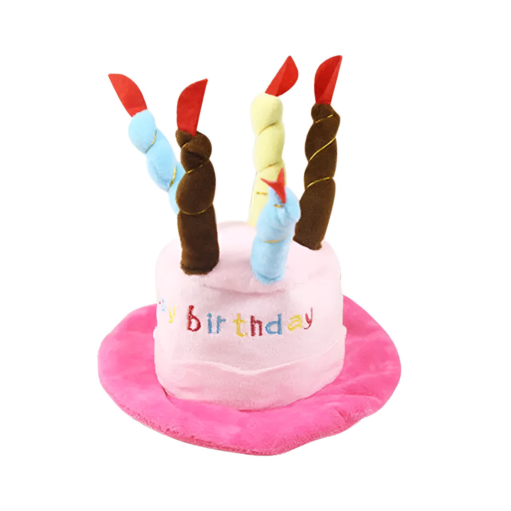 Blue and pink dog birthday hat toy with party whistle, measuring 21cm by 15cm by 6.5cm