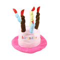 Blue and pink dog birthday hat toy with party whistle, measuring 21cm by 15cm by 6.5cm