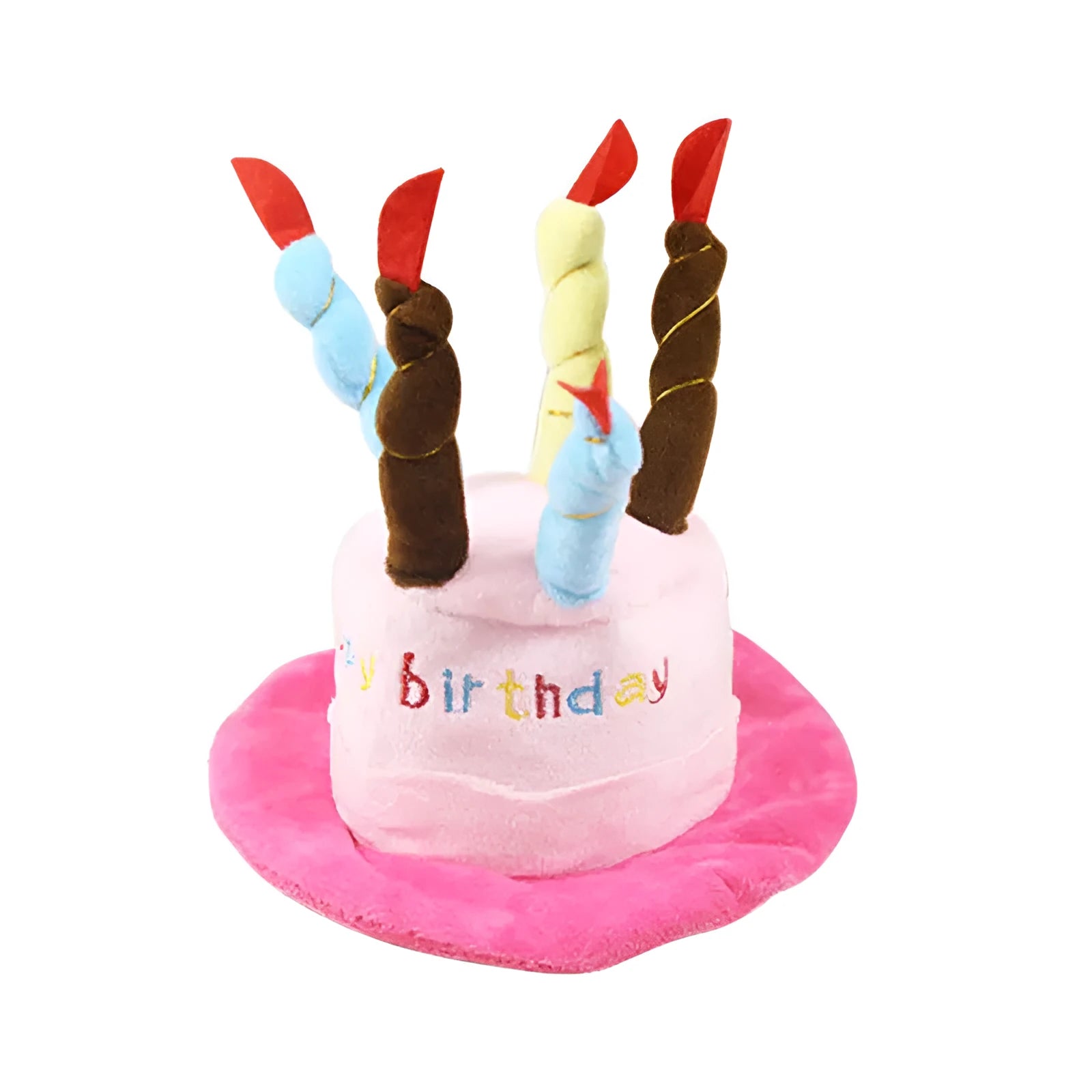 Blue and pink dog birthday hat toy with party whistle, measuring 21cm by 15cm by 6.5cm