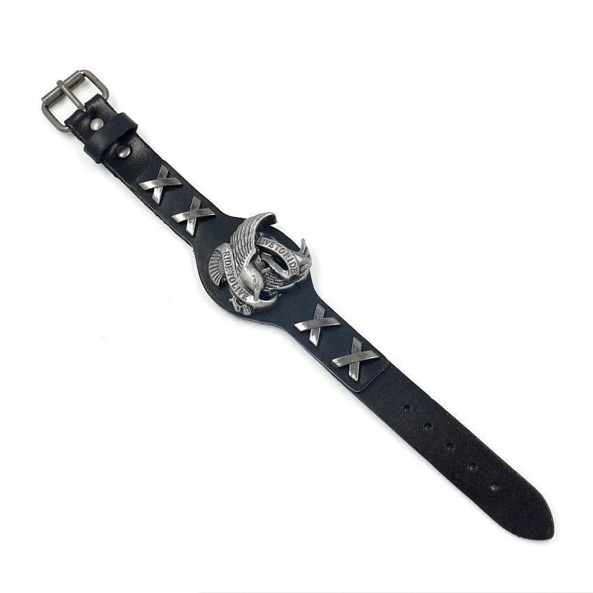 Black leather alloy eagle watch-band bracelet with geometric patterning