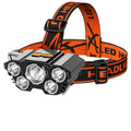 Super bright 10W LED miner's head lamp with adjustable strap and charging cable on colour box