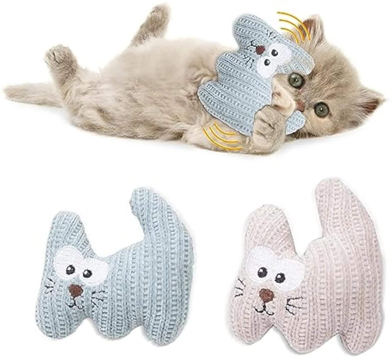 Cyan plush catnip toy with rope elements and a bell for cats on a white background