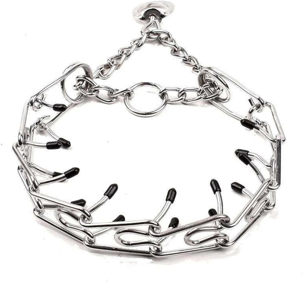 Stainless steel dog pinch training collar with adjustable chain links and black rubber comfort tips on prongs.