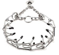 Stainless steel dog pinch training collar with adjustable chain links and black rubber comfort tips on prongs.