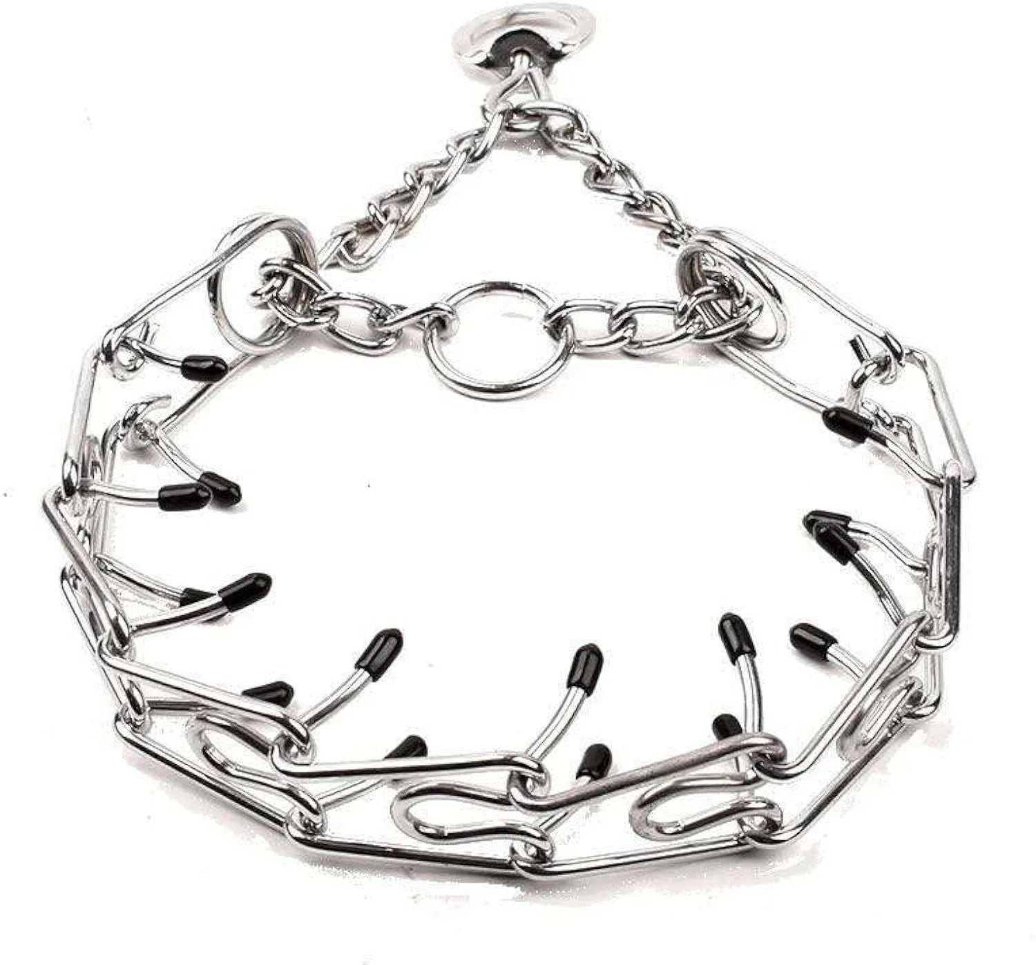 Stainless steel dog pinch training collar with adjustable chain links and black rubber comfort tips on prongs.