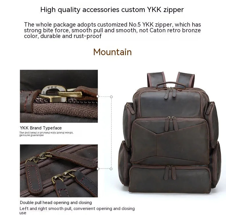 Dark brown retro crazy horse leather men's backpack with a 17-inch laptop compartment and double straps.