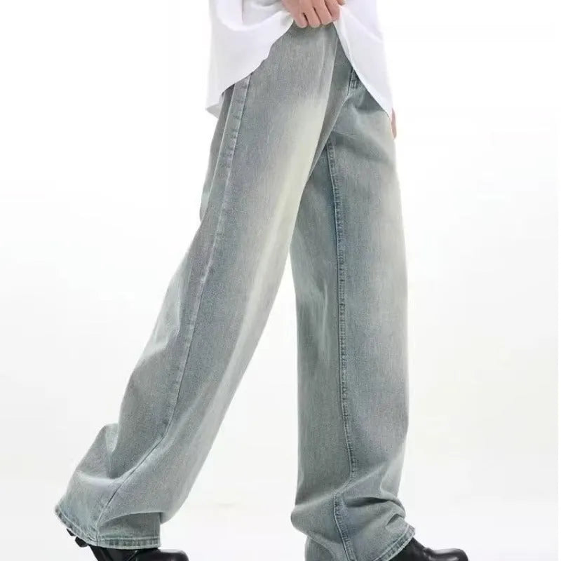 Blue retro-style loose casual trousers made from rabbit fur fabric on a model