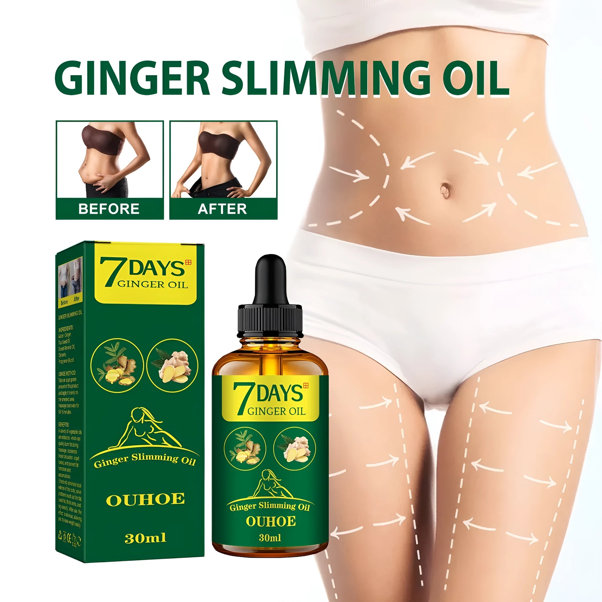30ml bottle of ginger body shaping essential oil for thigh firming and muscle slimming