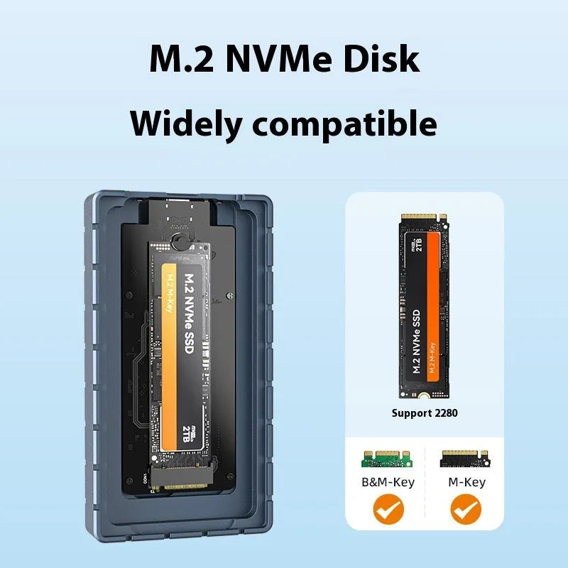 Silver aluminium USB4 hard drive enclosure for M.2 NVMe SSDs on a desk.