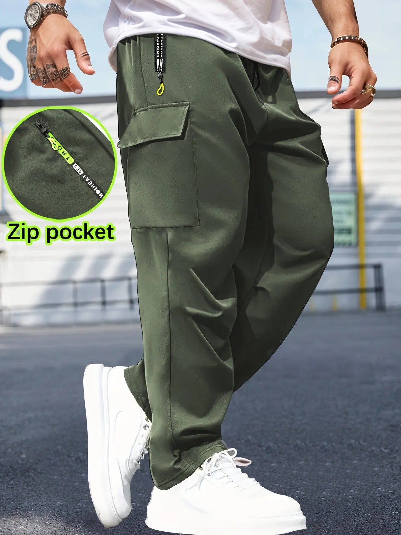 Men's retro cargo pants straight leg drawstring wrinkle-free polyester black gray dark blue military green autumn