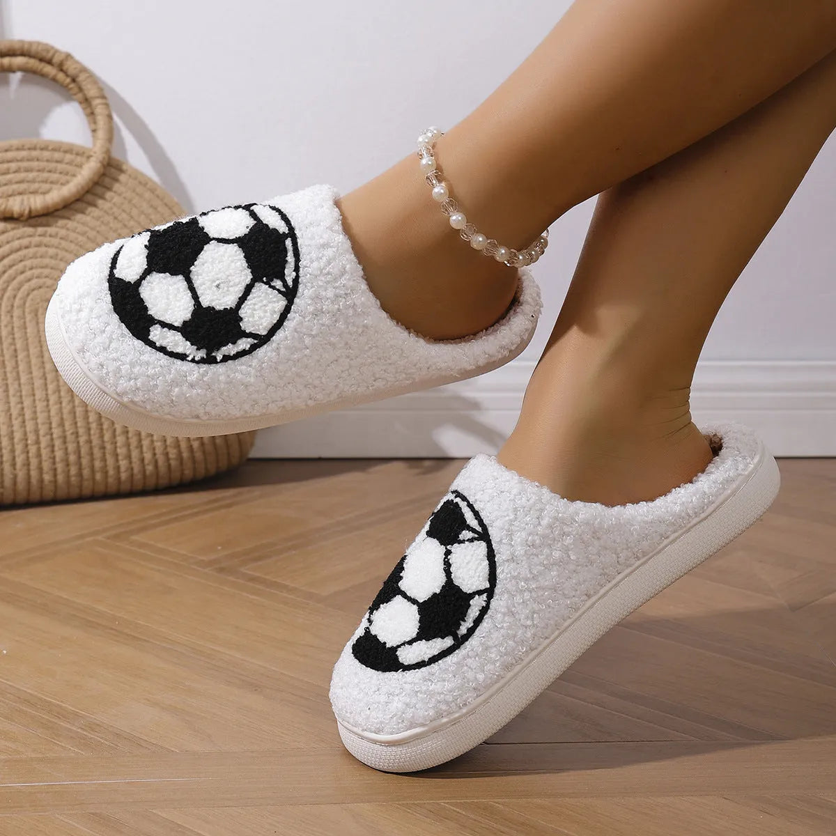White interior thermal cotton slippers with ethnic totem pattern, plush upper, and round toe
