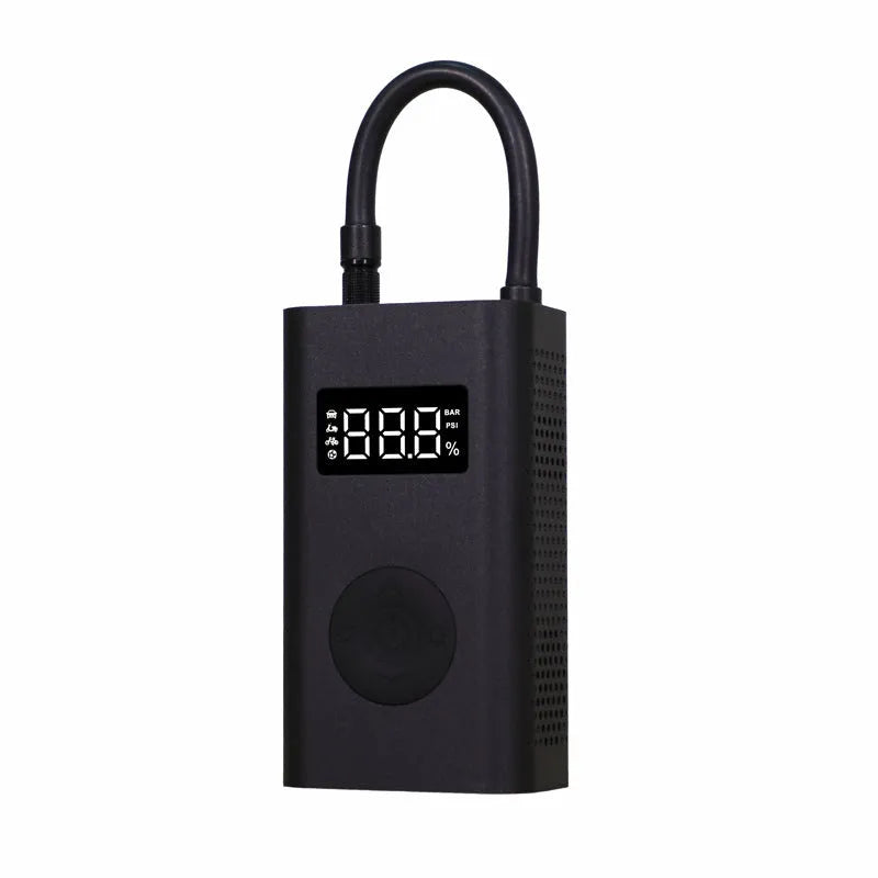 Black wireless car air pump with LED light and power bank function, 150psi, 25L/min airflow, USB charging, compact 127x71x45mm