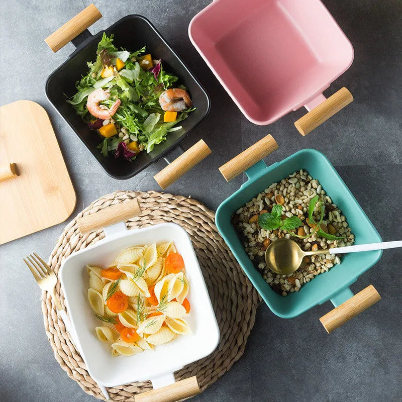 Irregular shaped porcelain ceramic bowl with lid in modern design for food service