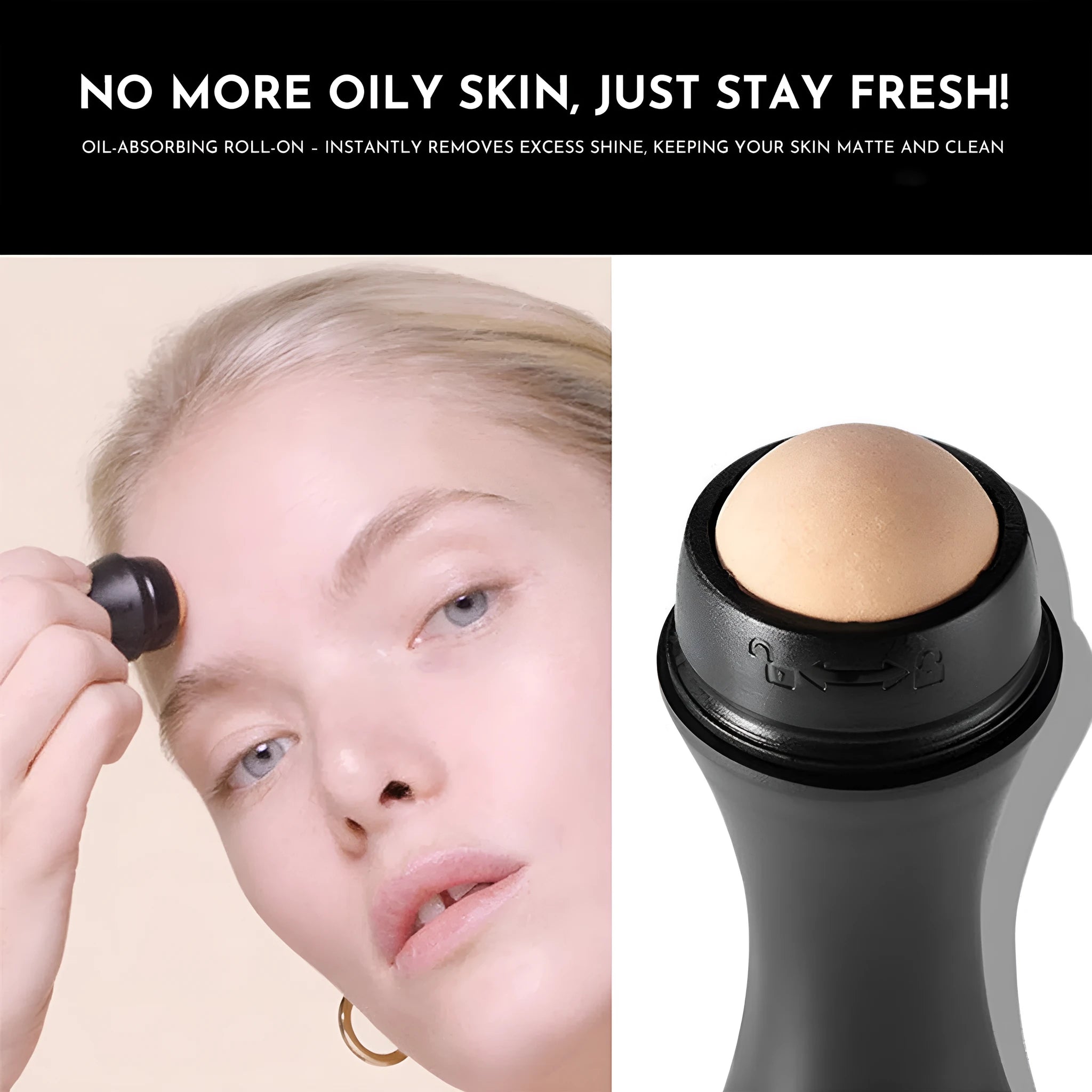 Portable volcanic stone roller for absorbing facial oil, shown in black, green, pink, and white colour options.