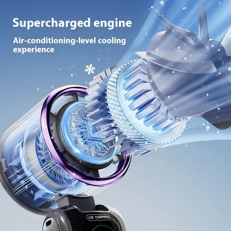 New folding handheld fan with brushless motor and 4000mAh battery in blue colour, showing multiple speed settings