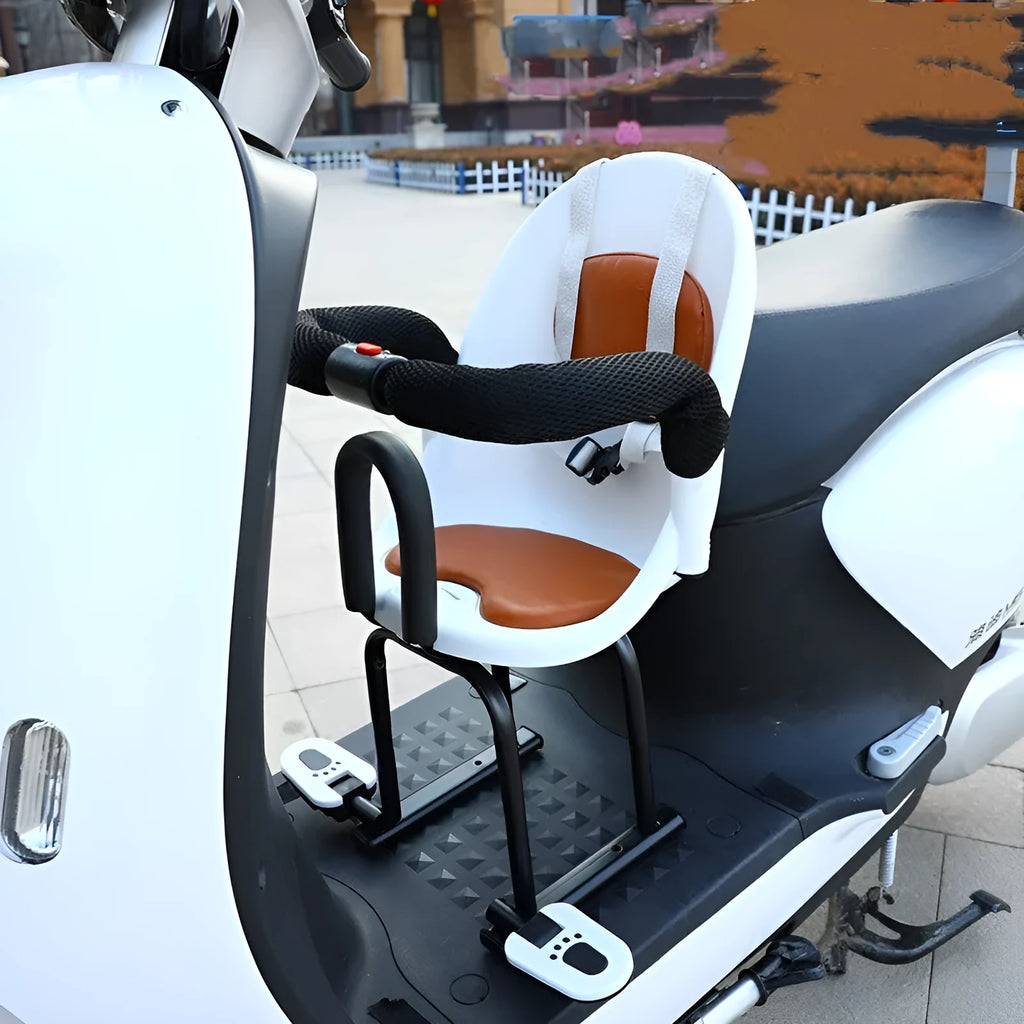 Front-mounted black child safety seat for an electric scooter, showing high carbon steel frame.