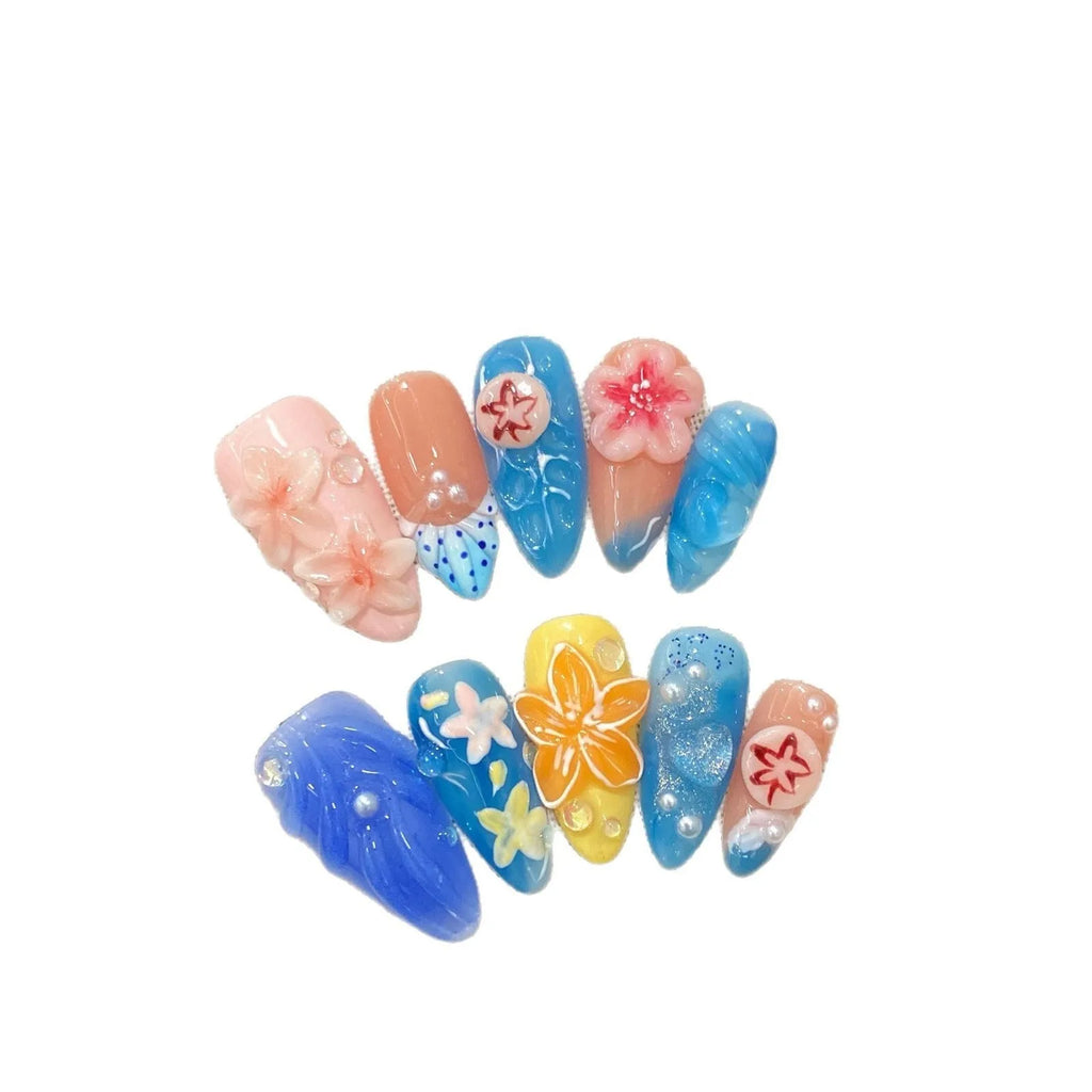 Three-dimensional carved jellyfish plastic wearable armour set in 672 almond nail colour with marine floral patterns.